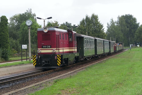 Lok 199 018 als Ersatzlok mit dem Aussichtswagenzug im Einsatz