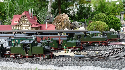 Sächsische Schmalspurlokomotiven im Bahnhof Birkenstein - von links: IIK alt, IIK neu, IVK und IK
